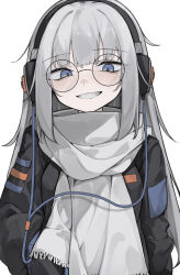 1girl absurdres black-framed_eyewear black_jacket blue_eyes breasts cable glasses grey_hair hair_between_eyes hand_in_pocket headphones highres hisha_(kan_moko) jacket long_hair long_sleeves looking_at_viewer medium_breasts open_clothes open_jacket original round_eyewear scarf sidelocks simple_background smile solo teeth upper_body white_background white_scarf