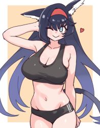 Rule 34 | 1girl, ;), absurdres, alternate costume, animal ears, arknights, arm behind head, bare shoulders, black buruma, black outline, black sports bra, blaze (arknights), blue eyes, blush, border, breasts, buruma, cat ears, cat girl, cat tail, cleavage, closed mouth, commentary, cowboy shot, crop top, groin, heart, highres, large breasts, long hair, midriff, navel, nikukabe, one eye closed, outline, outside border, purple hair, sketch, sleeveless, smile, solo, sports bra, standing, tail, white border