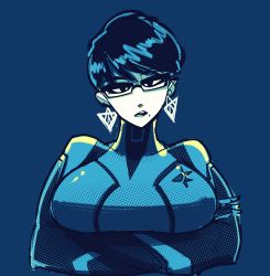 1girl bayonetta bayonetta_(series) bayonetta_2 black_hair blue_background breast_hold breasts cdlum cosplay crossed_arms earrings female_focus glasses head_tilt highres jewelry large_breasts limited_palette looking_at_viewer metroid mole mole_under_mouth nintendo parted_lips pixie_cut portrait samus_aran samus_aran_(cosplay) short_hair skin_tight solo super_smash_bros. swept_bangs triangle_earrings zero_suit