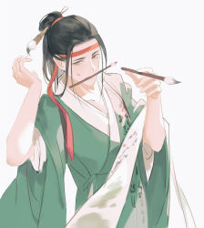 Rule 34 | 1boy, black hair, calligraphy brush, character request, headband, highres, japanese clothes, jiangnan baijingtu, kibiko (cheeks), kimono, looking at viewer, male focus, mouth hold, paintbrush, red headband, simple background, solo, upper body, white background