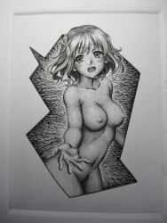 1girl amagi_brilliant_park blush border breasts collarbone commentary_request completely_nude cropped_legs floating_hair flower greyscale hair_flower hair_ornament highres large_breasts looking_at_viewer medium_hair mo_engraving monochrome muse_(amaburi) navel nipples nude open_mouth outside_border outstretched_hand photo_(medium) print_(medium) reaching reaching_towards_viewer smile solo stomach traditional_media