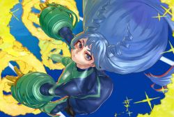 1girl blue_background blue_eyes blue_hair bodysuit boku_no_hero_academia commentary_request drill_hair gloves hado_nejire hair_horns highres long_hair looking_at_viewer pursed_lips simple_background skin_tight solo spiral twin_drills very_long_hair yellow_gloves yomoyama_yotabanashi