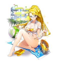 Rule 34 | 1girl, bag, ball, beachball, bikini, blonde hair, braid, breasts, glasses, large breasts, long hair, masyu yuyu, palm tree, sandals, see-through clothes, see-through shirt, shirt, single braid, sitting, swimsuit, torte zief, tree, uchi no hime-sama ga ichiban kawaii, unworn sandals, water slide, yellow bikini, yellow eyes, yellow sandals