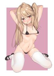 1girl ahoge arms_up bikini black_bikini black_shoes blush breasts deatheach female_focus full_body highres light_brown_hair long_hair looking_at_viewer micro_bikini navel nose_blush one_side_up open_mouth original pink_background red_eyes shoes sitting small_breasts solo stomach string_bikini swimsuit thighhighs two-tone_background white_background