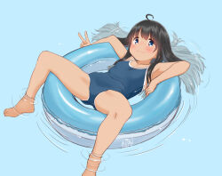 1girl afloat bare_arms bare_legs bare_shoulders black_hair blue_eyes blush breasts closed_mouth covered_navel full_body innertube looking_at_viewer lying on_back one-piece_swimsuit original retsumaru school_swimsuit simple_background small_breasts smile solo swim_ring swimsuit v water