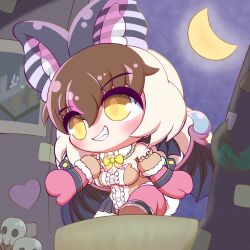 1girl animal_ears bat_ears bat_girl bat_wings belt brown_eyes brown_hair brown_long-eared_bat_(kemono_friends) crescent_moon daisantw elbow_gloves extra_ears gloves grey_hair heart highres kemono_friends kemono_friends_v_project leotard long_hair microphone moon multicolored_hair night skirt skull solo streaked_hair thighhighs virtual_youtuber wings yellow_eyes