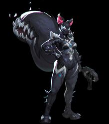 1girl animal_ears arm_spikes bodysuit full_body highres large_tail marvel marvel_rivals mask official_alternate_costume official_art slingshot_(weapon) solo spiked_legwear squirrel_ears squirrel_girl squirrel_girl_(marvel) squirrel_girl_(symbiote_squirrel)_(marvel) squirrel_tail standing symbiote tail tippy-toe