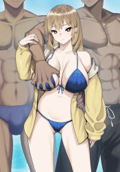 1girl 2boys bare_shoulders bikini blonde_hair blue_bikini breasts brown_eyes brown_hair bulge cleavage collarbone cowboy_shot grabbing_another&#039;s_breast grabbing_from_behind groping jacket jony_(avion_mura) large_breasts long_hair long_sleeves looking_at_viewer multiple_boys navel off_shoulder original swimsuit thighs yellow_jacket