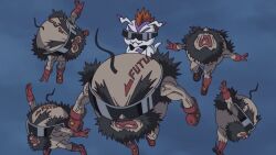 Rule 34 | anime screenshot, beard, boots, digimon, digimon (creature), digimon adventure: (2020), facial hair, gloves, gomamon, highres, jumping, nanimon, sunglasses