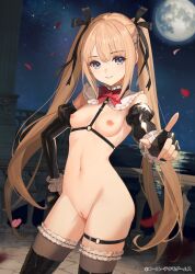 1girl balcony bare_shoulders black_gloves black_ribbon black_thighhighs blonde_hair blue_eyes blush boots bow bowtie breasts brown_thighhighs chest_harness cleft_of_venus closed_mouth contrapposto cowboy_shot dead_or_alive dead_or_alive, dead_or_alive_xtreme detached_collar detached_sleeves falling_petals fingerless_gloves frilled_sleeves frilled_thighhighs frills fubuki_(fakemonkey0224) full_moon gloves groin hair_between_eyes hair_ribbon hand_on_own_hip harness highres index_finger_raised juliet_sleeves long_hair long_sleeves looking_at_viewer marie_rose moon navel night night_sky nipples nude nude_filter o-ring o-ring_thigh_strap o-ring_top outdoors parted_lips petals pointing pointing_at_viewer puffy_sleeves pussy red_bow red_bowtie ribbon rose_petals sidelocks sky small_breasts smile solo standing star_(sky) starry_sky stomach thigh_strap thighhighs third-party_edit twintails uncensored very_long_hair water