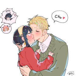 ! 2boys 2girls :t anya&#039;s_heh_face_(meme) anya_(spy_x_family) awarinko backless_outfit black_hair blonde_hair chibi chibi_inset closed_eyes closed_mouth collared_shirt couple dress_shirt eighth_note faceless faceless_male facing_another fake_horns giving_up_the_ghost green_sweater hairband hand_on_another&#039;s_back hand_on_another&#039;s_neck hands_on_another&#039;s_chest hands_up hetero highres horns husband_and_wife kiss kissing_cheek long_sleeves looking_at_another meme multiple_boys multiple_girls musical_note pink_hair puffy_long_sleeves puffy_sleeves red_sweater romaji_text shaded_face shirt short_hair sidelocks signature simple_background sleeves_past_wrists smug speech_bubble spoken_character spy_x_family sweater twilight_(spy_x_family) upper_body white_background white_shirt yor_briar yuri_briar