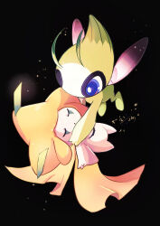 absurdres antennae banchiku black_background blue_eyes bright_pupils carrying celebi closed_eyes commentary flying full_body gen_2_pokemon gen_3_pokemon highres jirachi legendary_pokemon light_particles looking_at_another mythical_pokemon nintendo no_humans pokemon pokemon_(creature) signature simple_background tanzaku white_pupils
