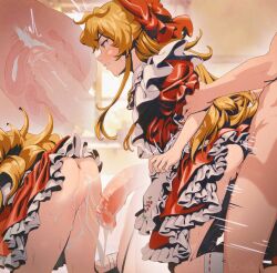 1boy 1girl anus ass blonde_hair blush bow butterchalk cervix clenched_teeth commentary commission cross-section cum cum_in_pussy cumdrip doggystyle dress ejaculation elise_liedl english_commentary frilled_dress frills hair_bow hetero highres internal_cumshot little_goody_two_shoes loli long_hair motion_lines penis red_bow sex sex_from_behind solo_focus speed_lines sweat tearing_up tears teeth trembling uterus vaginal