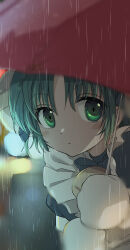 1girl anzu_yoshihiro apron bell blurry blurry_background dejiko di_gi_charat green_eyes green_hair highres looking_at_viewer mittens neck_bell outdoors parted_lips rain red_umbrella short_hair solo umbrella white_apron white_mittens