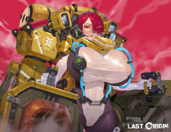 1girl absurdres arm_cannon blush bodysuit breasts cannon copyright_name curvy exoskeleton female_focus female_pubic_hair gloves gun highres huge_breasts ignis_(last_origin) last_origin looking_at_viewer mecha mecha_musume military military_uniform nipples open_mouth power_suit powered_exoskeleton pubic_hair pussy red_eyes red_hair robot see-through_clothes shiny_clothes short_hair smoke smoking_barrel sohn_woohyoung solo tight_clothes tomboy uncensored weapon wide_hips