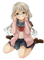 Rule 34 | 1girl, adjusting eyewear, bespectacled, black ribbon, blue-framed eyewear, blue sailor collar, blue skirt, blush, bow, bowtie, braid, braided bangs, brown eyes, brown shoes, brown socks, cardigan, collarbone, dot nose, full body, glasses, grey hair, hair bow, hair ribbon, hands up, highres, hisakawa nagi, idolmaster, idolmaster cinderella girls, idolmaster cinderella girls starlight stage, loafers, long hair, long sleeves, looking at viewer, low twintails, michii yuuki, open cardigan, open clothes, over-rim eyewear, parted lips, pink cardigan, pleated skirt, red bow, red bowtie, ribbon, sailor collar, school uniform, semi-rimless eyewear, serafuku, shirt, shoes, simple background, sitting, skirt, socks, solo, twintails, very long hair, wariza, white background, white serafuku, white shirt