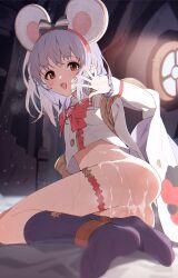 Rule 34 | 1girl, aftersex, animal ears, ass, bed sheet, black socks, bottomless, bow, bowtie, brooch, censored with cum, commentary request, cropped, cropped shirt, cum, cum on body, cum on legs, fake animal ears, granblue fantasy, hand up, heart, heart brooch, highres, indoors, jewelry, long sleeves, looking at viewer, medium hair, mouse ears, on bed, red bow, red bowtie, red eyes, sailor collar, sawayaka samehada, shirt, sitting, smile, socks, soles, solo, thigh strap, thighs, vikala (granblue fantasy), white sailor collar, white shirt, wide sleeves, yokozuwari