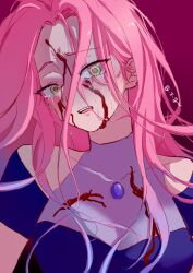 1girl absurdres alien_stage blood blood_on_chest blood_on_face blue_dress chinese_commentary clothing_cutout commentary_request crying crying_with_eyes_open dress highres liu_xin_zhishi_yu_ni_zi_shu_bao long_hair mizi_(alien_stage) open_mouth pink_background pink_hair portrait short_sleeves shoulder_cutout signature solo tears yellow_eyes