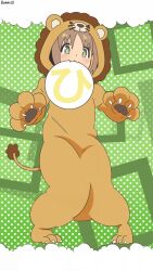 1girl :3 animal_costume animal_hands artist_name bambi2000line brown_hair claws commentary diamond-shaped_pupils diamond_(shape) fang full_body gloves green_background green_eyes highres hood hood_up knees_together_feet_apart lion_costume lion_hood looking_at_viewer mouth_hold oka_asahi onesie onii-chan_wa_oshimai! paw_gloves polka_dot polka_dot_background simple_background solo standing symbol-shaped_pupils translation_request v-shaped_eyebrows