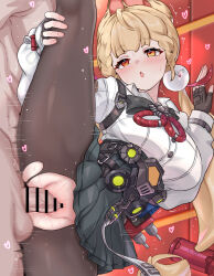 Rule 34 | 1boy, 1girl, :o, absurdres, alice thymefield, animal ears, bar censor, black skirt, blonde hair, blush, breasts, censored, daram (shappydude), fingerless gloves, gloves, hand on own leg, heart, hetero, heterochromia, highres, indoors, large breasts, long hair, orange eyes, pantyhose, penis, pleated skirt, red eyes, sex, shirt, skirt, split, standing, standing on one leg, standing sex, standing split, sweat, torn clothes, torn pantyhose, vaginal, white shirt, zenless zone zero