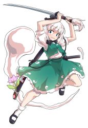 1girl arms_up black_bow black_bowtie black_shoes blunt_bangs blush bow bowtie collared_shirt commentary_request dairi frilled_skirt frills full_body green_eyes green_skirt green_vest holding holding_sword holding_weapon katana konpaku_youmu konpaku_youmu_(ghost) large_variant_set looking_at_viewer mary_janes open_mouth shirt shoes short_hair short_sleeves skirt skirt_set socks solo standing standing_on_one_leg sword tachi-e tears touhou variant_set vest weapon white_hair white_shirt white_socks