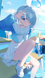 1girl absurdres arona_(blue_archive) blue_archive blue_eyes blue_hair blue_halo blue_serafuku blue_sky braid choker closed_mouth cloud commentary_request day hairband halo highres looking_at_viewer midriff multicolored_hair ocean on_table outdoors pink_hair pleated_skirt sailor_collar school_uniform serafuku shoes short_hair single_braid skirt sky smile solo table thighs two-tone_hair wako_(1194433260) white_choker white_hairband white_sailor_collar white_shoes white_skirt