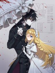 1boy 1girl ascot bandaged_hand bandaged_head bandages belt black_ascot black_belt black_hair black_jacket black_pants black_shirt blonde_hair blood blue_eyes bow braid can25orp center_frills closed_mouth collared_dress collared_shirt dress expressionless frilled_dress frilled_hairband frills gloves grey_background hair_between_eyes hair_bow hairband hand_on_another&#039;s_waist height_difference highres holding holding_umbrella isaac_foster jacket juliet_sleeves long_hair long_sleeves looking_at_viewer pants puffy_sleeves rachel_gardner satsuriku_no_tenshi shirt short_hair side_braid simple_background umbrella watermark white_dress white_gloves white_hairband