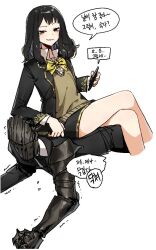 1boy 1girl baral_(project_moon) black_eyes black_hair black_jacket black_skirt brown_sweater_vest collared_shirt crossed_legs gauntlets gnrm gold_bow gold_bowtie gold_trim human_chair human_furniture jacket korean_text lapels library_of_ruina long_hair mask notched_lapels parted_lips project_moon shirt sidelocks simple_background single_gauntlet sitting sitting_on_person skirt smile speech_bubble sweater_vest translation_request white_background white_shirt zena_(project_moon)