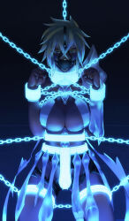 1girl blackjacke7 bleach bleach:_sennen_kessen-hen blonde_hair breasts chain chained chained_cuffs chained_legs chained_wrists colored_eyelashes dark-skinned_female dark_skin espada facial_mark female_focus gagged green_eyes large_breasts medium_hair simple_background textless_version tier_harribel variant_set