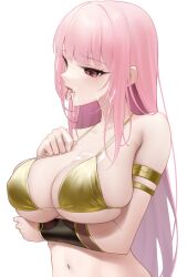 1girl absurdres armlet bare_shoulders bikini blush bracer breasts collarbone commentary english_commentary highres hololive hololive_english huge_breasts jewelry long_hair mori_calliope navel open_mouth pink_eyes pink_hair simple_background solo somebody_(leiking00) stomach swimsuit virtual_youtuber white_background yellow_bikini
