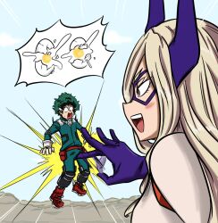 1boy 1girl ball_busting blue_gloves blue_horns boku_no_hero_academia broken_egg flick giant giantess gloves horns midoriya_izuku mount_lady ocigart