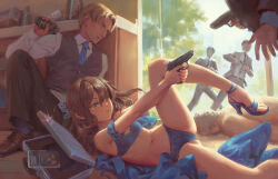 Rule 34 | 1girl, 4boys, bad source, bigrbear, blonde hair, blue bra, blue necktie, blue panties, blue sandals, bra, breasts, brown hair, brown pants, brown shoes, explosive, flashbang, formal clothes, green eyes, grenade, gun, hair between eyes, handgun, highres, holding, holding grenade, holding gun, holding weapon, indoors, legs, male focus, medium hair, multiple boys, navel, necktie, original, panties, pants, sandals, shirt, shoes, short hair, small breasts, suit, toes, underwear, underwear only, walther, walther ppk, weapon, white shirt