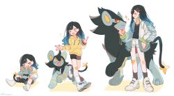 1girl :d ;d ^_^ age_progression bandaid bandaid_on_knee bandaid_on_leg black_hair black_shirt black_shorts blue_hair blush closed_eyes closed_mouth commentary crossover drawstring earrings evolutionary_line fang full_body gen_4_pokemon gradient_hair grin hair_ornament hairclip hand_on_own_hip happy highres holding holding_poke_ball hood hood_down hoodie jacket jewelry long_hair long_sleeves looking_at_another luxio luxray multicolored_hair nintendo notice_lines one_eye_closed open_mouth poke_ball poke_ball_(basic) pokemon pokemon_(creature) project_sekai shinx shiraishi_an shirt shorts sidelocks simple_background smile socks sparkle star_(symbol) star_earrings symbol-only_commentary white_background white_jacket white_legwear white_shorts wo_habum yellow_eyes yellow_hoodie
