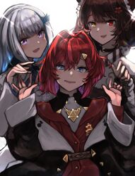 3girls :d ange_katrina ange_katrina_(1st_costume) animal_ears animal_hair_ornament black_coat black_collar blue_eyes blue_hair blunt_bangs blush brown_hair cardigan coat collar colored_inner_hair commentary_request dog_ears fangs flower glint hair_between_eyes hair_flower hair_intakes hair_ornament hand_up hands_up heterochromia highres inui_toko inui_toko_(1st_costume) jacket lens_flare lize_helesta lize_helesta_(1st_costume) long_bangs long_hair long_sleeves looking_at_viewer maid_headdress multicolored_eyes multicolored_hair multiple_girls nijisanji off_shoulder open_mouth partial_commentary purple_eyes purple_hair red_cardigan red_eyes red_hair sanbaka_(nijisanji) short_hair simple_background smile streaked_hair takena-c teeth triangle_hair_ornament two-tone_eyes two-tone_hair upper_body virtual_youtuber white_background white_hair white_headdress white_jacket yellow_eyes