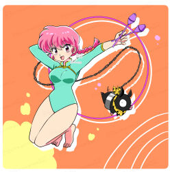 01angelegg 1girl :d aqua_leotard arm_behind_head athletic_leotard bare_legs barefoot braid braided_ponytail chain highres holding leotard long_hair open_mouth orange_background outstretched_arm p-chan pink_hair ranma-chan ranma_1/2 red_eyes single_braid smile solo