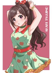 1girl :o antenna_hair apple_print armpits arms_up belt bow bracelet brown_hair character_name collar dress earrings food_print fruit_print gold_bracelet green_collar green_dress hair_bow heart heart_earrings highres idolmaster idolmaster_cinderella_girls illustscody jewelry long_hair looking_at_viewer polka_dot polka_dot_bow ponytail purple_eyes red_belt red_bow sleeveless sleeveless_dress solo tsujino_akari
