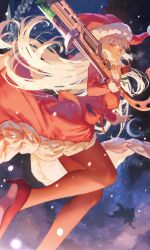 Rule 34 | 1boy, 1girl, absurdres, black pantyhose, dress, edmond dantes (fate), fate/grand order, fate (series), florence nightingale (fate), florence nightingale (santa) (fate), hat, high heels, highres, long hair, makitoshi0316, over shoulder, pantyhose, pink hair, red eyes, santa costume, santa dress, santa hat, umbrella gun, weapon, weapon over shoulder