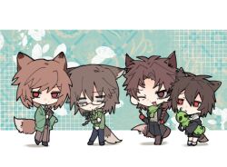 Rule 34 | 4boys, 55 (chaodakafei), :&lt;, animal ears, black pants, black shirt, black shoes, black shorts, black vest, blank eyes, boots, braid, brown boots, brown hair, brown pants, chibi, chibi only, chinese commentary, closed mouth, collared shirt, commentary request, curtained hair, facial hair, fang, father and son, fox boy, fox ears, fox tail, frown, grandfather and grandson, green jacket, green ribbon, green shirt, grey sweater, hair between eyes, hair ribbon, hands on own hips, harada kazaru, harada minoru, harada mutei, holding, holding pen, holding stuffed toy, hood, hood down, hooded jacket, isoi haruki, jacket, kemonomimi mode, long hair, long sleeves, male focus, multiple boys, off shoulder, one eye closed, open clothes, open jacket, open mouth, pants, parted bangs, pen, red eyes, ribbed sweater, ribbon, saibou shinkyoku, scar, scar on face, scar on forehead, shirt, shoes, short hair, shorts, side braid, single braid, skin fang, smile, socks, stubble, stuffed animal, stuffed toy, sweater, tail, teardrop, time paradox, vest, white shirt, white socks