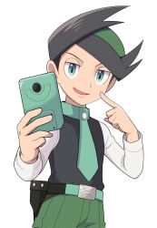 Rule 34 | 1boy, :d, belt, belt buckle, black hair, black vest, buckle, commentary request, green eyes, green hair, green necktie, green pants, happy, highres, holding, index finger raised, long sleeves, looking at viewer, male focus, multicolored hair, nakikot t, necktie, nintendo, open mouth, pants, pokemon, pokemon dppt, pokemon platinum, shirt, short hair, smile, solo, thorton (pokemon), two-tone hair, vest, white shirt
