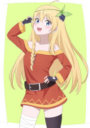 Rule 34 | 1girl, :d, absurdres, ahoge, akure1129, bandaged leg, bandages, belt, black gloves, black thighhighs, blonde hair, blue eyes, blush, border, braid, brown belt, collarbone, commentary, cosplay, cowboy shot, dress, fingerless gloves, food-themed hair ornament, gloves, grape hair ornament, green background, hair ornament, hand on own hip, highres, iris (konosuba), kono subarashii sekai ni shukufuku wo!, long hair, looking at viewer, loose belt, megumin, megumin (cosplay), off-shoulder dress, off shoulder, open mouth, outside border, red dress, short dress, sidelocks, single braid, single thighhigh, smile, solo, teeth, thighhighs, upper teeth only, v, v-shaped eyebrows, v over eye, white border
