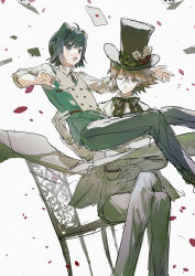 2boys absurdres ace_(playing_card) ace_of_hearts ace_of_spades ahoge animal_ears argyle_clothes argyle_hat asymmetrical_hair black_bow black_bowtie black_eyes black_hair black_hat black_necktie blazer blonde_hair bow bowtie breast_pocket brown_hair buttons card card_in_hat cardfight!!_vanguard carrying cat_ears catching chair closed_mouth collared_shirt crossed_bangs crossed_legs cup double-breasted dress_pants expressionless eyelashes falling feet_out_of_frame flower gloves green_eyes grey_pants grey_vest hair_between_eyes hand_on_another&#039;s_hip hat hat_flower heart highres holding holding_cup jacket kai_toshiki kemonomimi_mode long_sleeves looking_at_viewer male_focus morgue_(southsakura) multiple_boys necktie on_chair open_clothes open_jacket open_mouth pants petals playing_card pocket princess_carry red_flower red_rose rose sendou_aichi shirt short_hair sitting sleeve_cuffs spade_(shape) spilling surprised swept_bangs teacup teeth top_hat tsurime upper_teeth_only vest white_background white_gloves white_jacket white_shirt white_vest