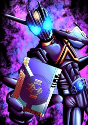 1boy armor barcode belt black_armor blue_eyes card english_text fiery_background fire fish23412 glowing glowing_eyes helmet highres holding holding_card kamen_rider kamen_rider_dark_decade kamen_rider_dcd male_focus mask masked masked_male over_shoulder purple_fire romaji_text sword sword_over_shoulder weapon weapon_over_shoulder