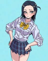 1girl alternate_costume alternate_hairstyle black_hair blue_eyes blue_eyeshadow blue_skirt blush closed_mouth comoli_harcourt eyeshadow forehead gundam gundam_gquuuuuux hair_bobbles hair_ornament hands_on_own_hips highres long_sleeves makeup mole mole_under_eye multicolored_eyes one_side_up plaid_clothes plaid_skirt pleated_skirt school_uniform shirt short_hair skirt sleeves_rolled_up standing two-tone_eyes white_shirt yamashita_shun&#039;ya yellow_eyes