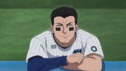Rule 34 | 1boy, absurdres, ballpark de tsukamaete, baseball bat, baseball glove, baseball uniform, black hair, blush, catch me at the ballpark, dark eyes, former major leaguer, highres, holding, holding baseball bat, looking at viewer, male focus, serious expression, short hair, solo, sports, sportswear, young dennis (ballpark de tsukamaete)