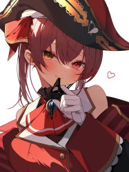 1girl absurdres arrow_through_heart bow bowtie breasts buttons closed_mouth eyepatch gloves hair_between_eyes hat heart heterochromia highres holding_eyepatch hololive houshou_marine lapels large_breasts long_hair looking_at_viewer nobako off_shoulder pirate pirate_hat print_eyepatch red_bow red_bowtie red_eyes red_hair red_shirt red_vest shirt simple_background smile solo twintails unworn_eyepatch upper_body vest virtual_youtuber white_background white_gloves yellow_eyes