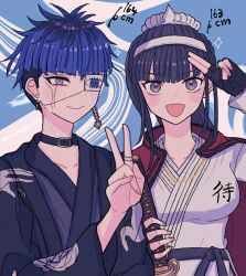 1boy 1girl black_hair blue_background blue_hair bridge_piercing cape chain closed_mouth collar collarbone eyepatch face_piercing fingerless_gloves fingernails gloves gold_chain grey_eyes hand_up height_difference highres holding holding_sword holding_weapon holy_jumonji_sword japanese_clothes lip_piercing magadori_kyoshika multicolored_hair omokage_yugamu one_eye_covered open_mouth piercing red_cape simple_background smile sword the_hundred_line_-last_defense_academy- upper_body v weapon white_background