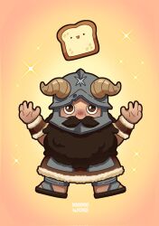 1boy arms_up beard bread brown_hair chibi derivative_work dungeon_meshi dwarf facial_hair fake_horns food full_body helmet highres horned_helmet horns loaf_of_bread long_beard looking_at_viewer male_focus momo_woko mustache screenshot_redraw senshi_(dungeon_meshi) solo star_(symbol) star_symbol_background thick_mustache very_long_beard