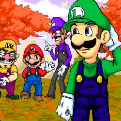 4boys autumn blue_eyes boots brothers brown_hair cape cloud facial_hair flying gloves hand_on_head hat koopa leaf lowres luigi male_focus mario mario_(series) multiple_boys mustache nintendo outdoors siblings smile super_koopa super_mario_bros._1 suspenders waluigi wario