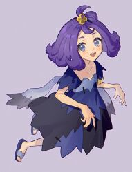 Rule 34 | 1girl, acerola (pokemon), armlet, blue eyes, blush, collarbone, dress, flipped hair, fua1heyvot4ifsr, hair ornament, highres, jewelry, looking at viewer, medium hair, multicolored dress, nintendo, open mouth, pokemon, pokemon sm, purple eyes, purple hair, purple sandals, sandals, short hair, short sleeves, simple background, smile, stitches, teeth, topknot, torn clothes, torn dress