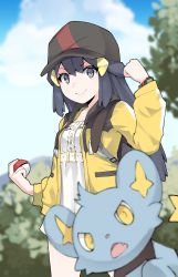 1girl absurdres black_hair blurry buttons clenched_hand closed_mouth cloud commentary dawn_(pokemon) day dress eyelashes gen_4_pokemon grey_eyes hair_ornament hairclip hand_up hat highres holding holding_poke_ball jacket long_hair looking_at_viewer nintendo open_clothes open_jacket outdoors poke_ball poke_ball_(basic) pokemon pokemon_(creature) pokemon_bdsp poketch shinx sidelocks sky smile valefal_coneri watch white_dress wristwatch yellow_jacket